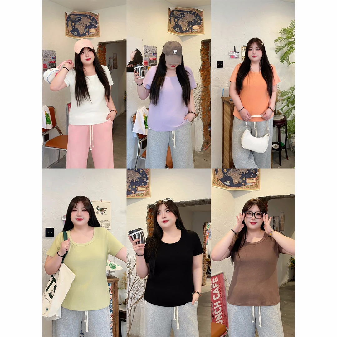 大码女装夏季简约洋气花契200斤胖mm加厚磨毛短袖T恤13976-C