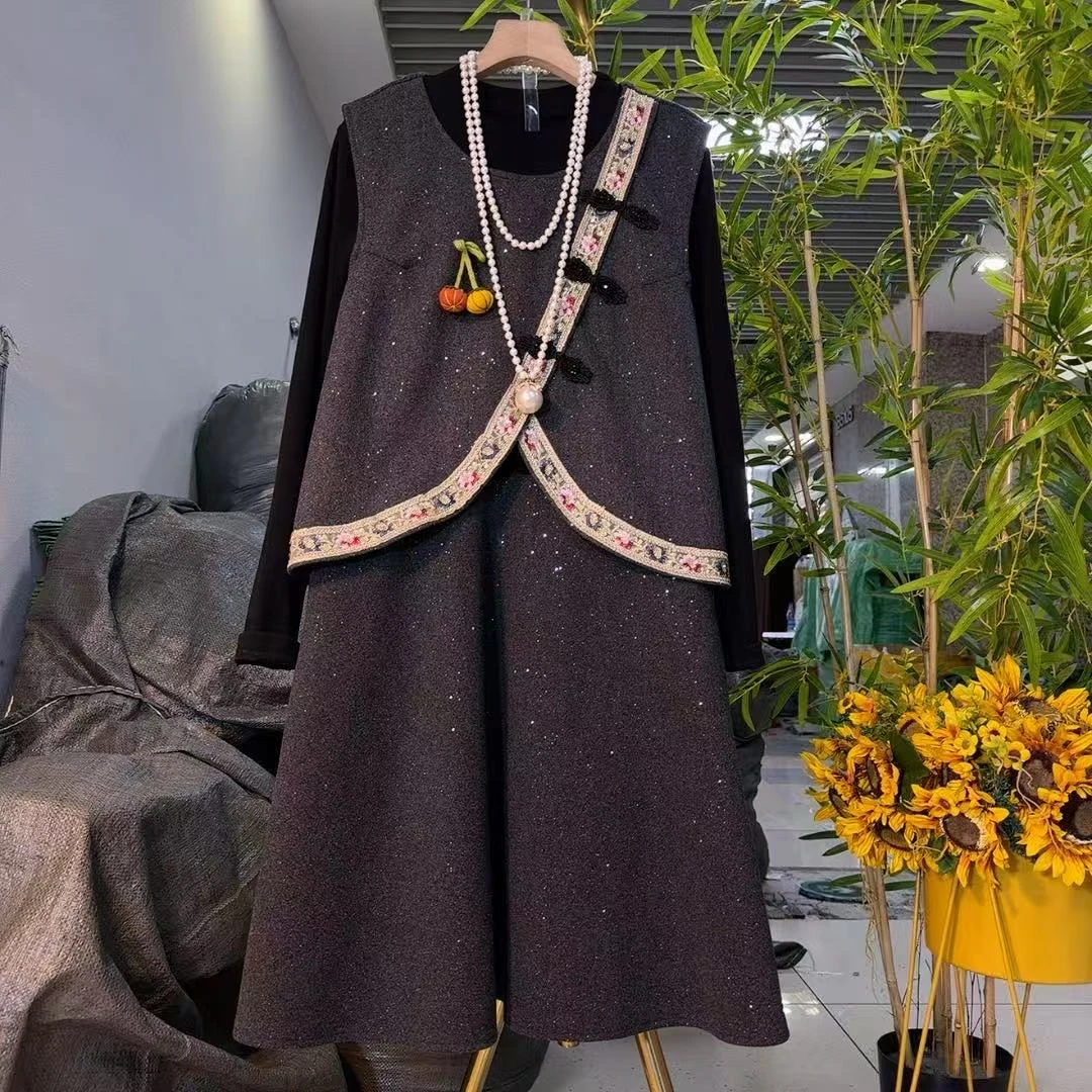 新中式国风盘扣毛呢马甲半身裙套装改良民族风大码女装古风1021