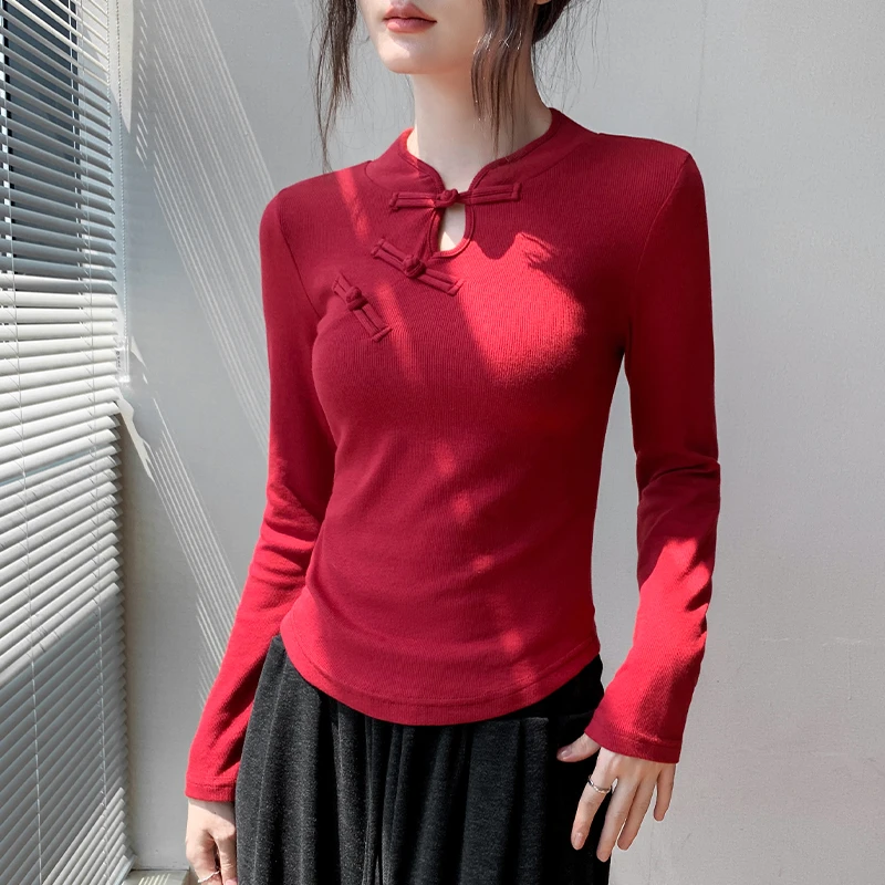 歌倍尚新中式盘扣领长袖T恤女2025红色新款修身中国风内搭打底衫