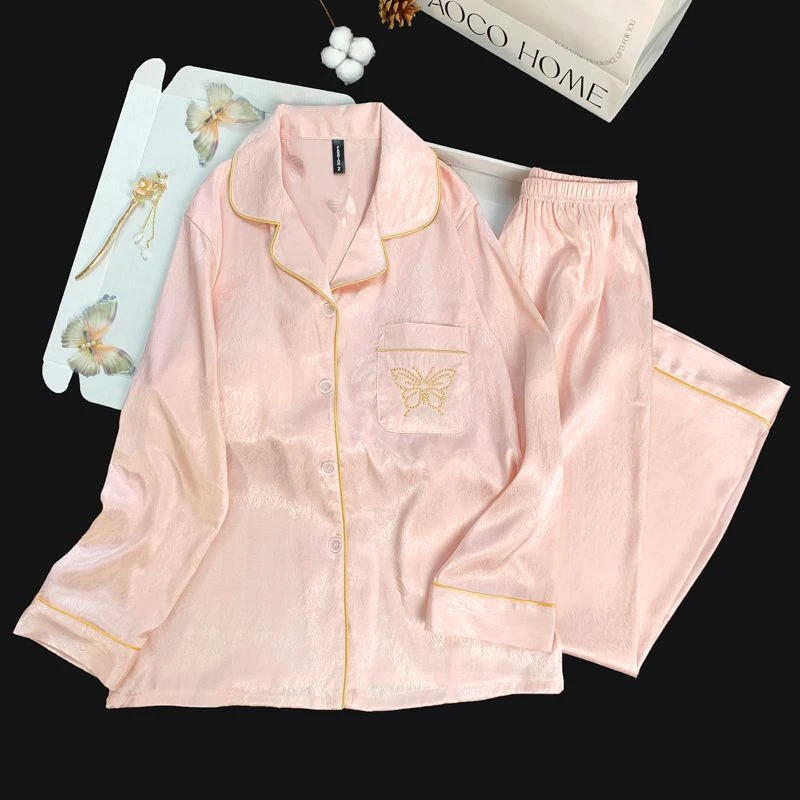 【301-326】长袖长裤带胸垫夏季冰雪丝时尚睡衣女款可外穿家居服