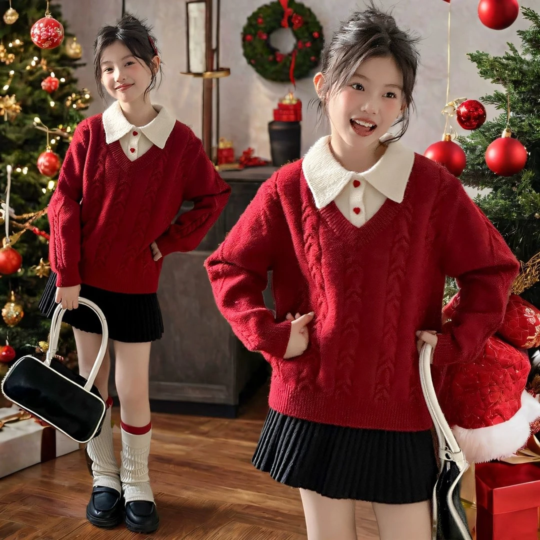 女童假两件毛衣2025秋冬新款中大童加厚毛线衣新年红色针织打底衫