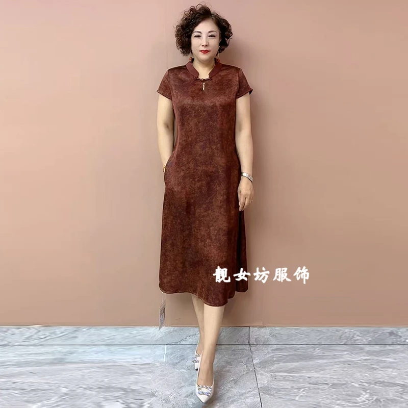 轻奢风国风盘扣冰感醋酸提花旗袍长裙夏季短袖妈妈宽松大码连衣裙