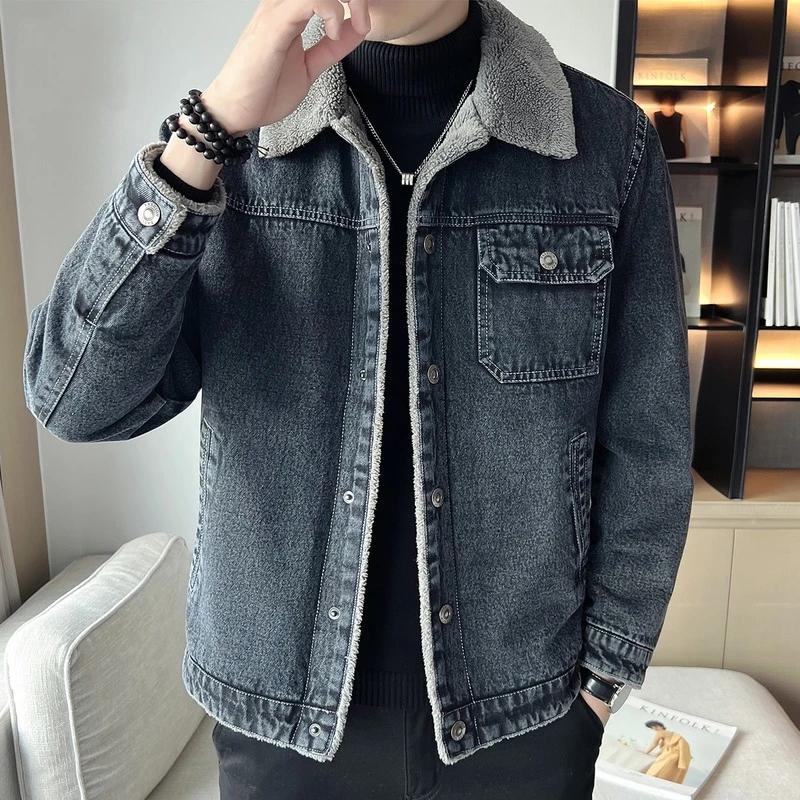 HAMOLENA/哈曼勒拿男士秋季羊羔毛绒翻领上衣潮流休闲牛仔外套