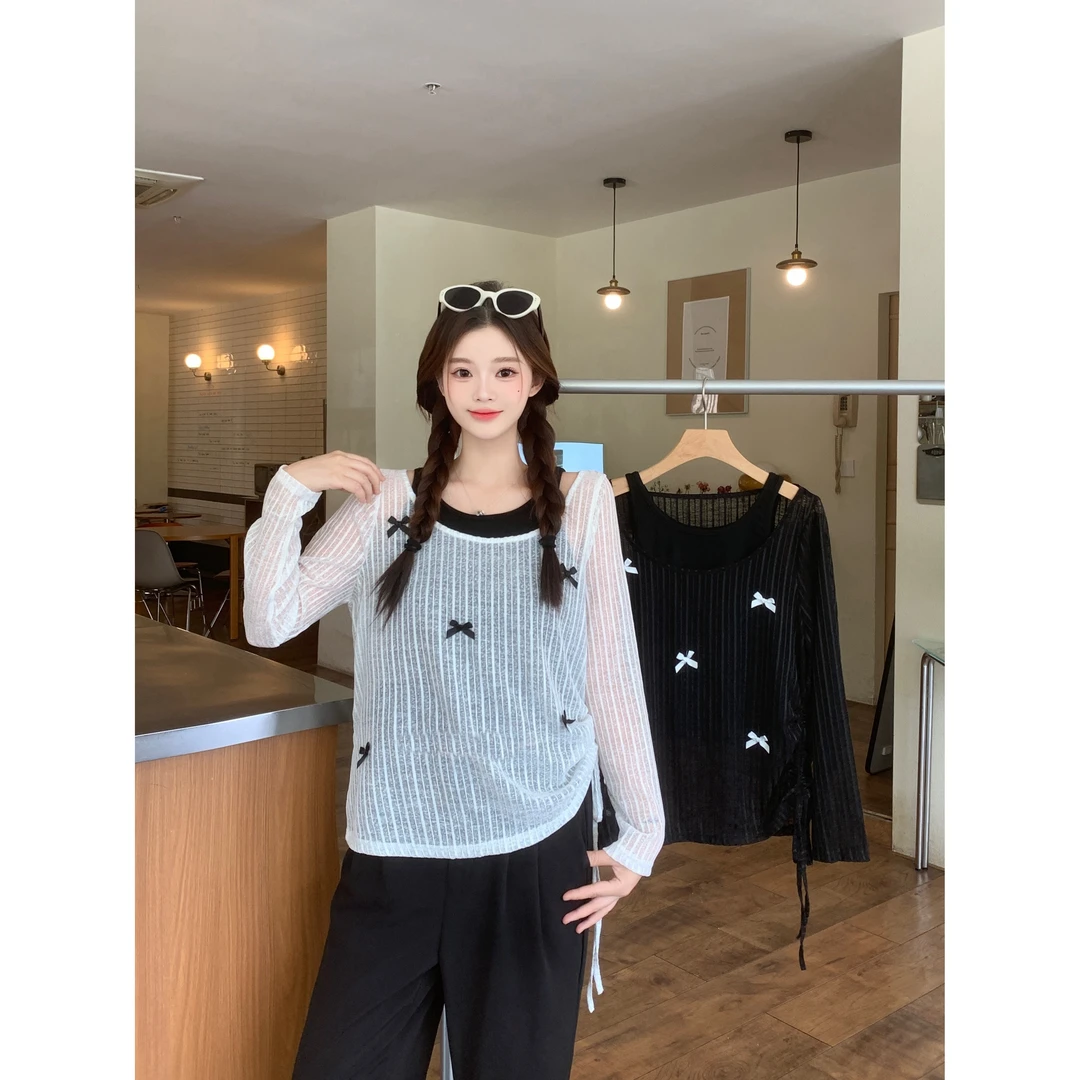 清2025夏季新款胖mm大码吊带假两件百搭长袖T恤辣妹纯欲上衣64029