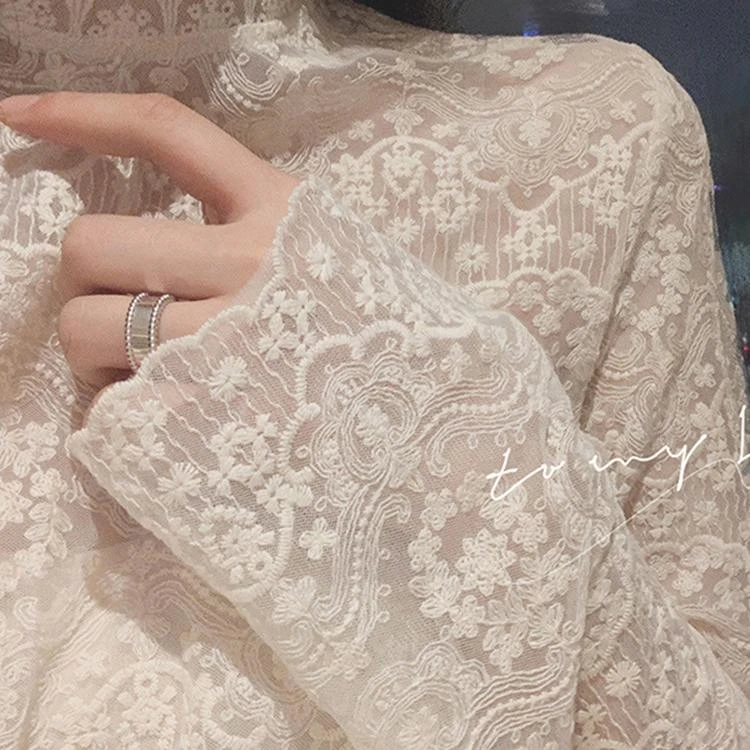 纯棉蕾丝打底衫女内搭刺绣镂空花纹白色小衫高档洋气透视网纱上衣