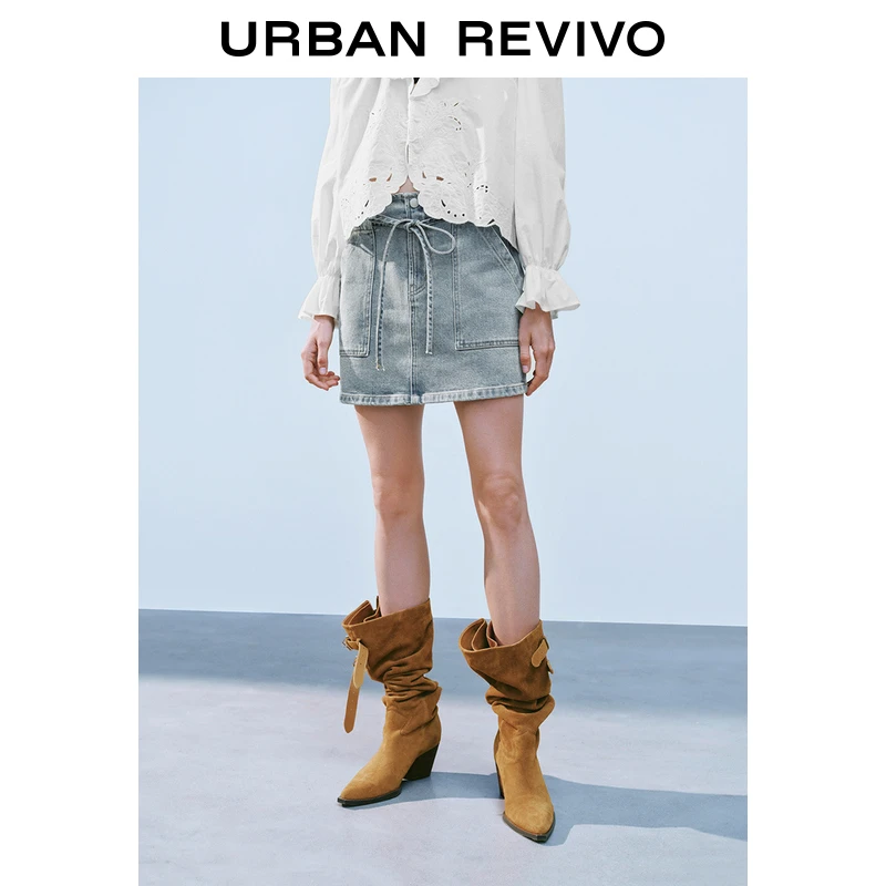 UR2025秋季新款女装时尚复古休闲系带短款牛仔半裙UYL850006