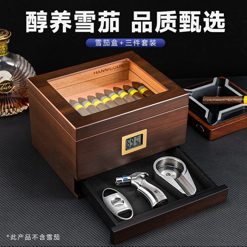 HANNICOOK雪茄保湿盒多层雪松木醇化大容量抽屉式雪茄盒工具套装
