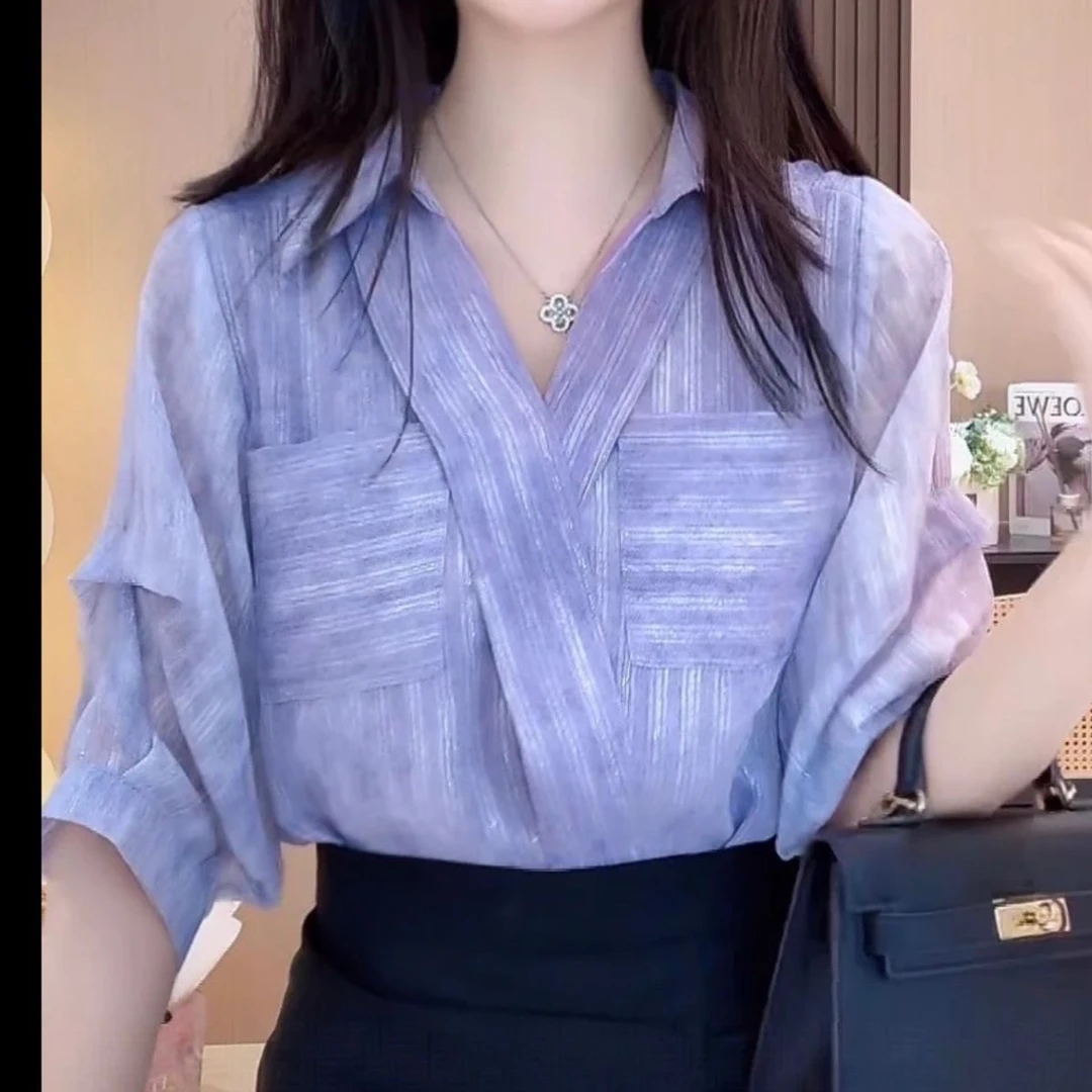 2025夏季新款简约优雅宽松袋小衫显瘦遮肉款高级气质洋气薄款衬衫