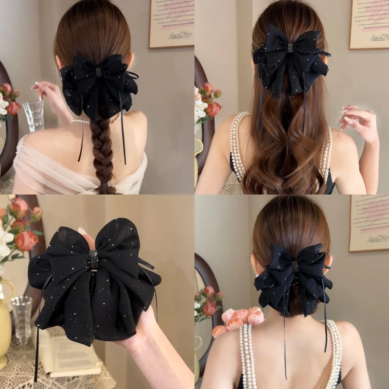 夏季新款满天星蝴蝶结飘带发夹高级感轻奢百搭洋气发卡鲨鱼夹发饰