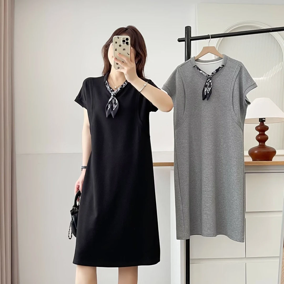 大码胖mm2025夏装新款时尚丝巾系带拼接短袖连衣裙女显瘦中长裙子