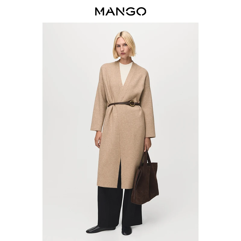 MANGO女装毛呢外套2025秋装新款简约百搭针织V领大衣浴袍式外套
