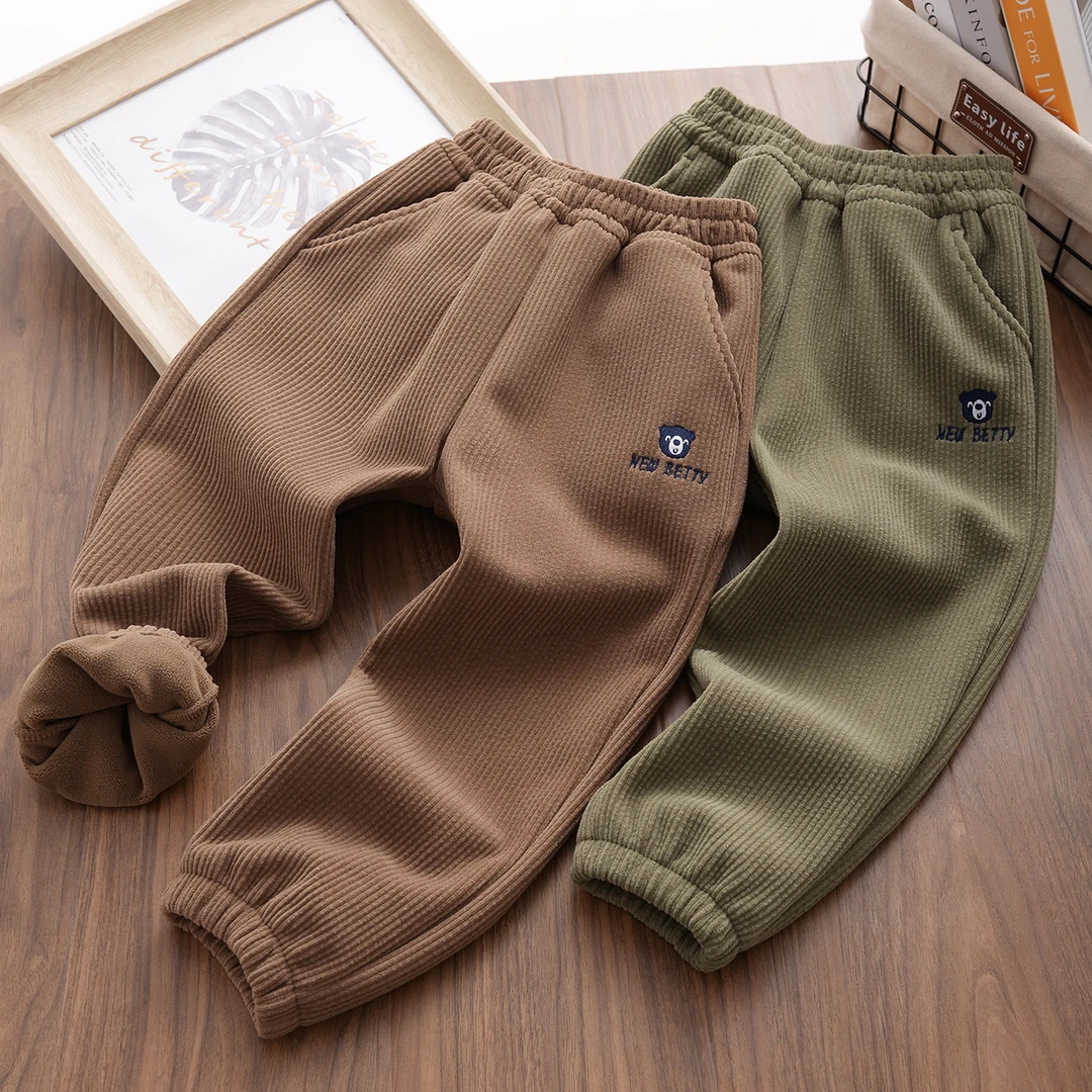 XZ903童装休闲加绒长裤男孩灯芯绒厚裤子中大童秋冬保暖百搭束脚