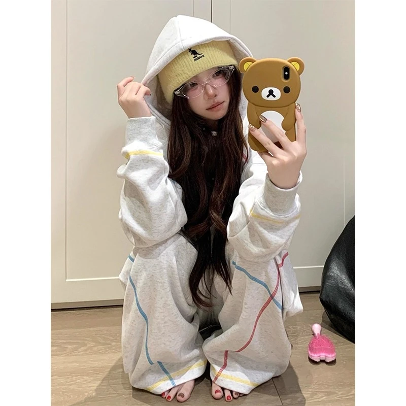 2-300斤大码运动服套装男女2025秋冬韩版连帽卫衣阔腿裤两件套ins