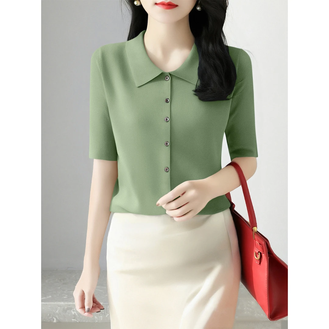 高级感纯色修身显瘦t恤女2025夏季小众POLO衫通勤设计五分袖上衣