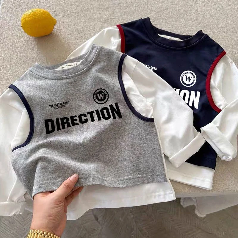 男童长袖t恤儿童秋装2025新款男孩洋气假两件时尚宽松休闲上衣潮1