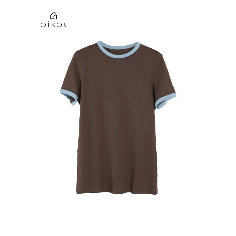 OIKOS夏季休闲舒适拼色圆领短袖上衣T恤5I21A3095