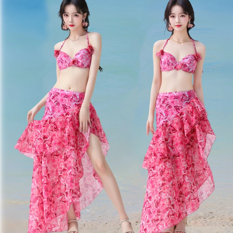 花海仙女新款游泳衣女比基尼bikini分体三件套海边度假沙滩泳装女