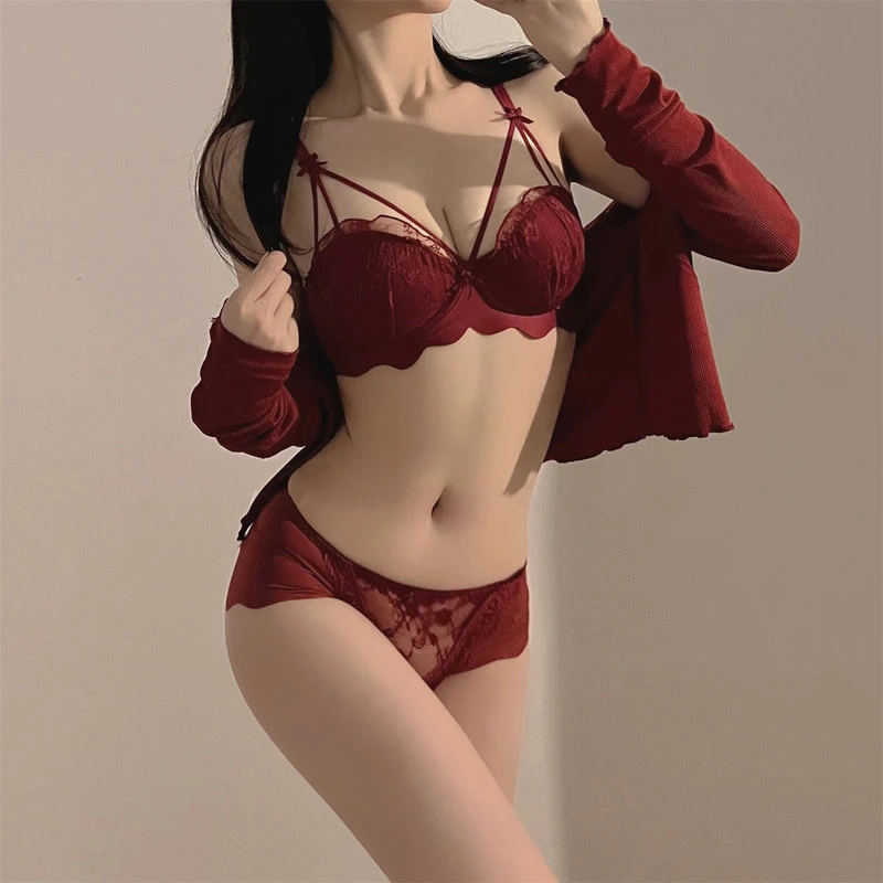 本命年红色内衣内裤少女小胸聚拢结婚新娘2025蛇年性感蕾丝文胸罩