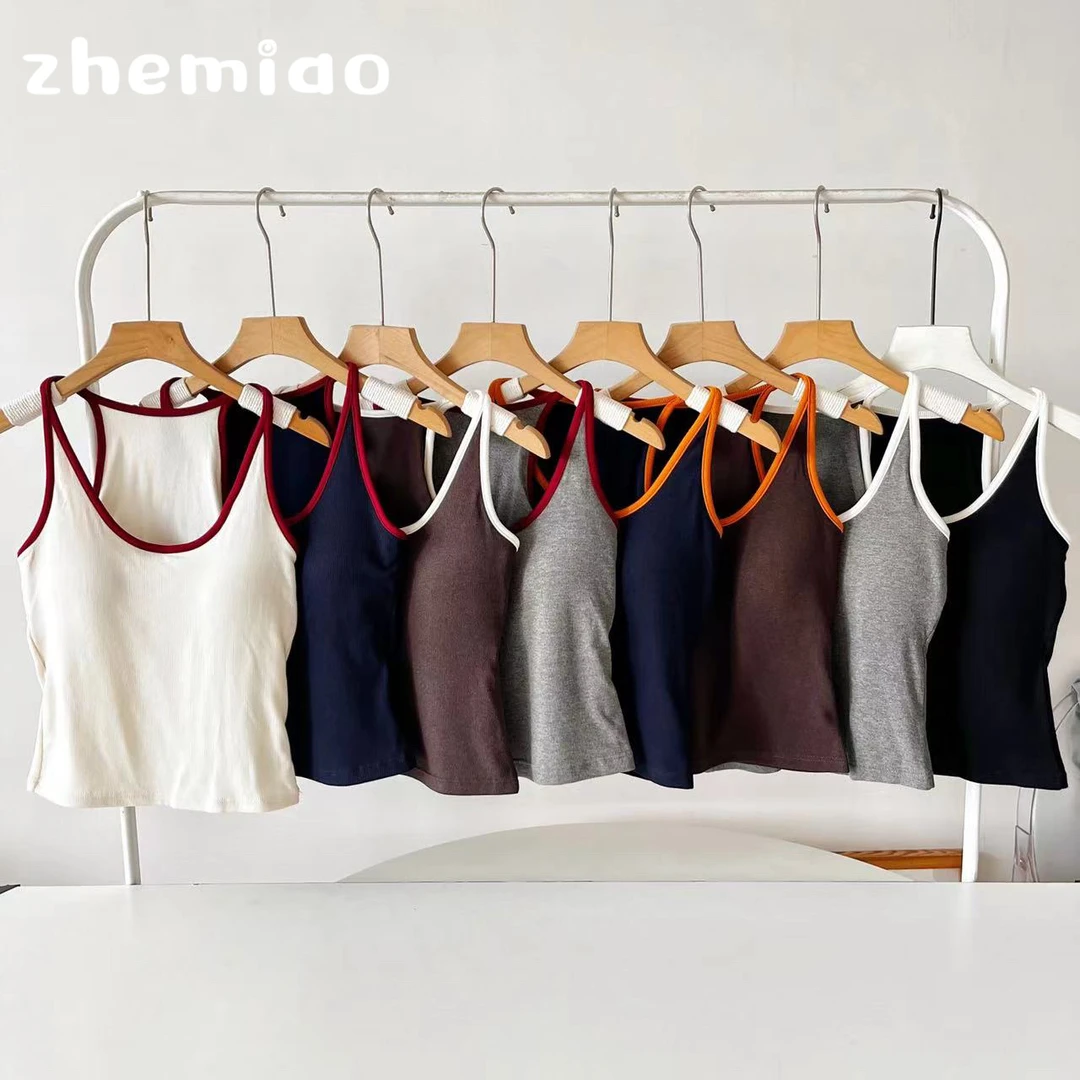 zhemiao带胸垫 秋季高品质螺纹棉吊带背心美背设计内搭外穿5870