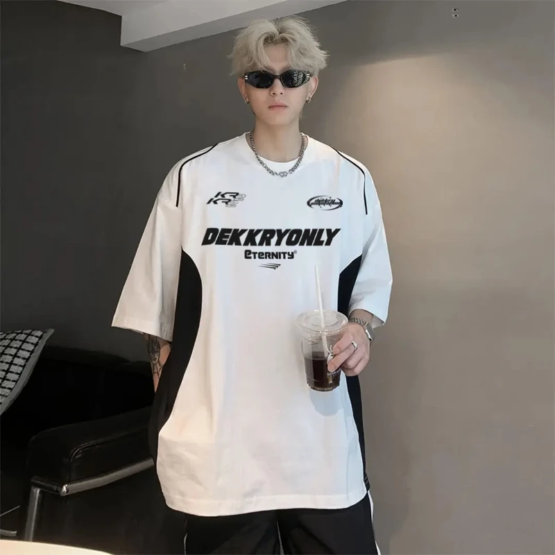 labzaa美式ins设计感字母印花拼接短袖t恤男女夏季休闲宽松上衣潮