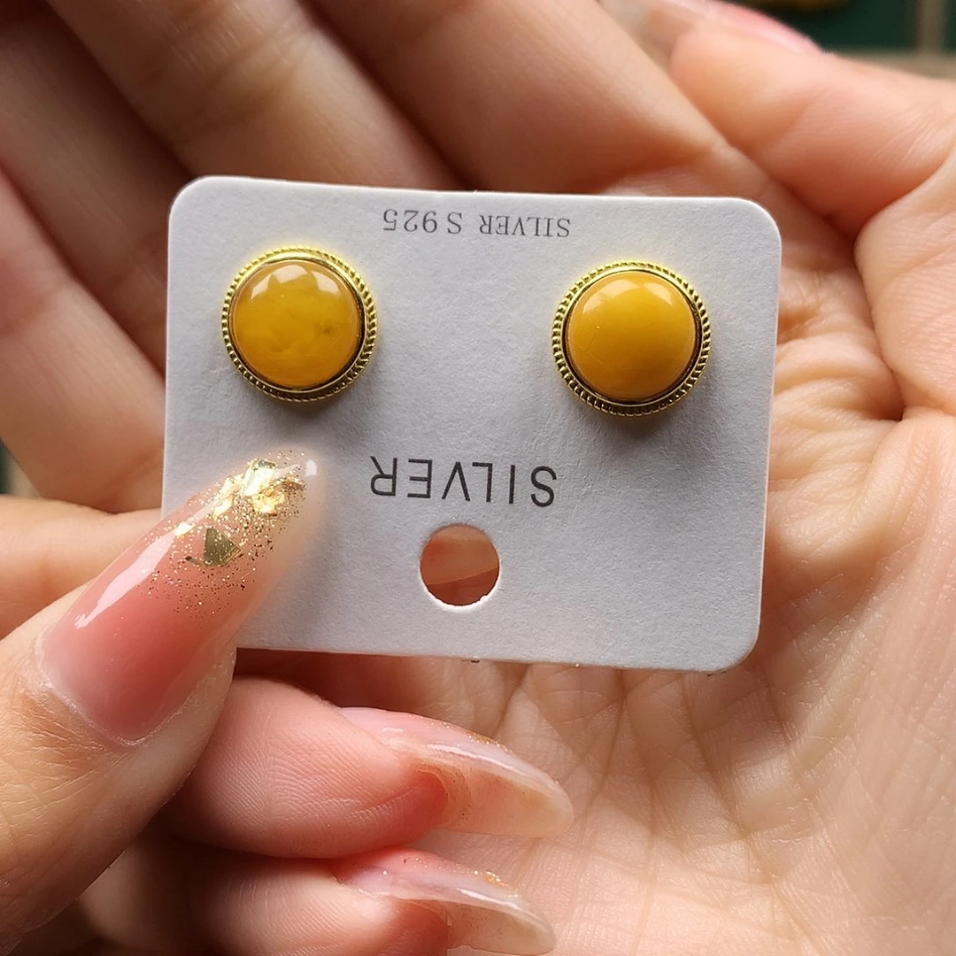蜜蜡耳饰银S925镶嵌耳钉