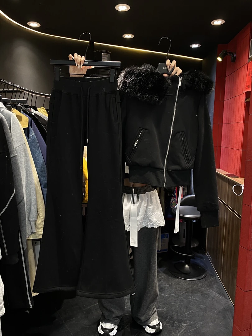 卫衣加绒潮流阔腿黑色宽松冬季网红韩版套装