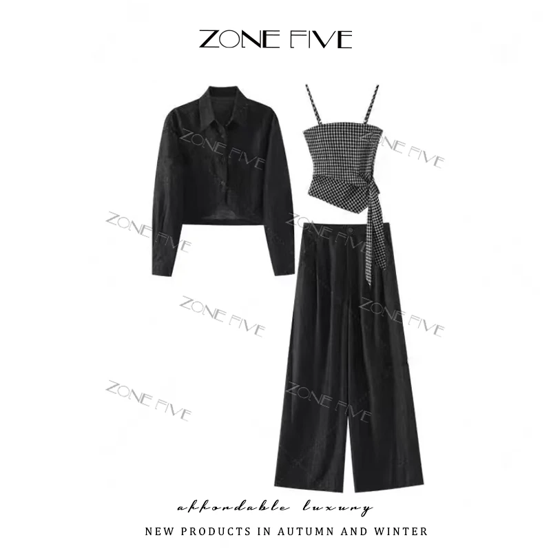 2025秋季新款韩版松弛感格纹吊带长袖短外套休闲阔腿裤时尚套装