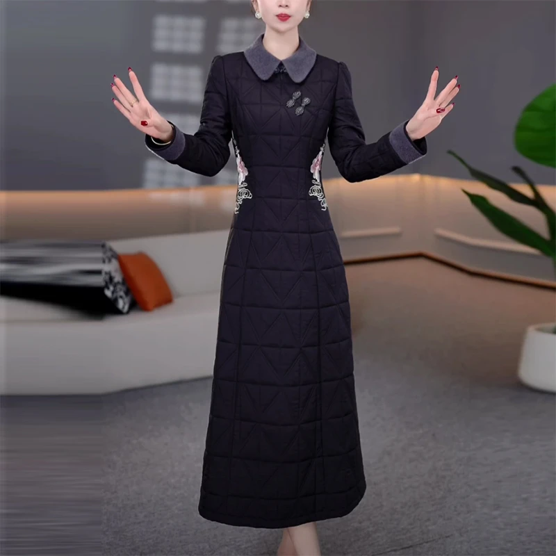 轻奢时尚气质改良旗袍裙刺绣修身显瘦百搭收腰轻熟风加厚连衣裙--