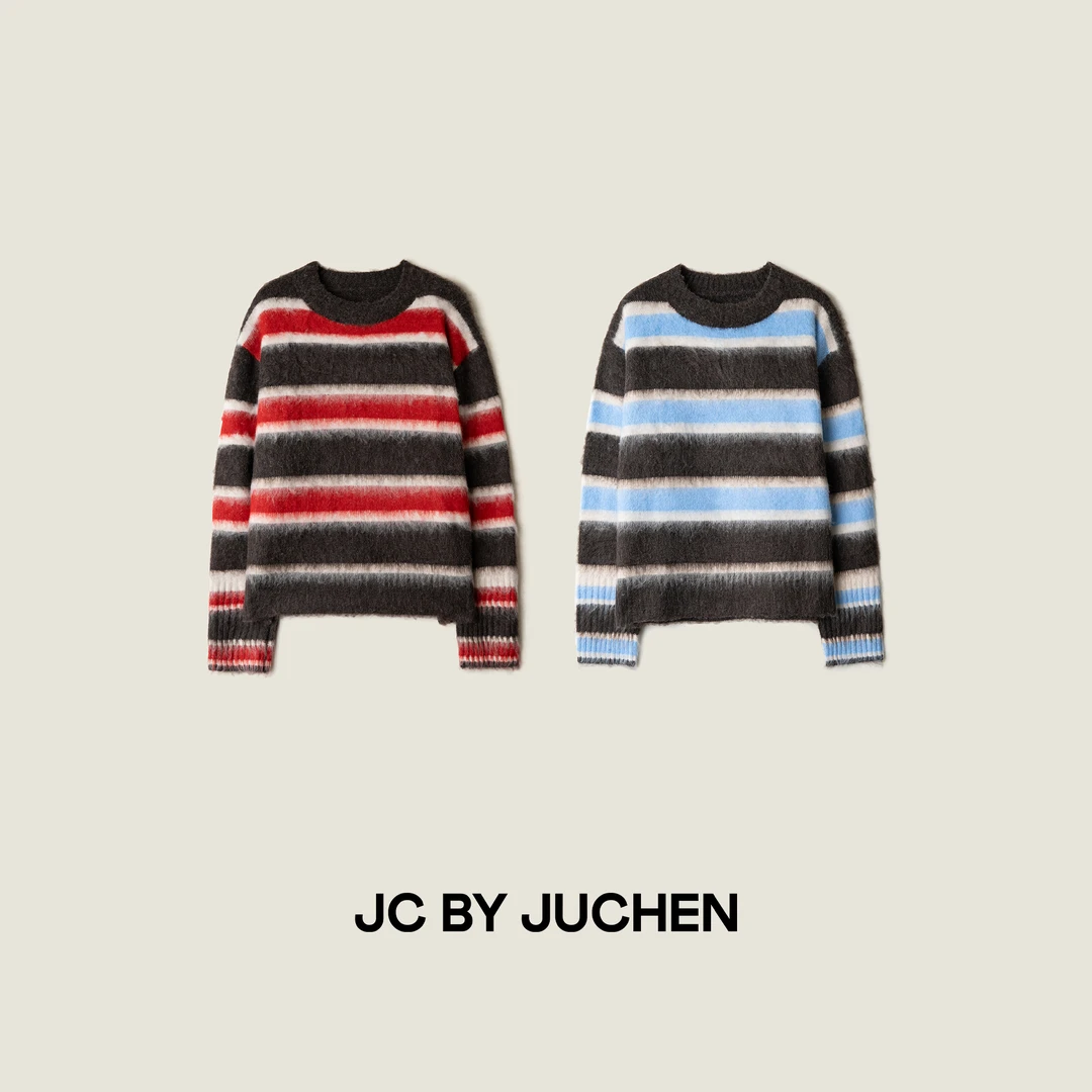 雾纱圣诞岛复古圣代撞色条纹拉毛柔软套头针织毛衣 FW108002-219