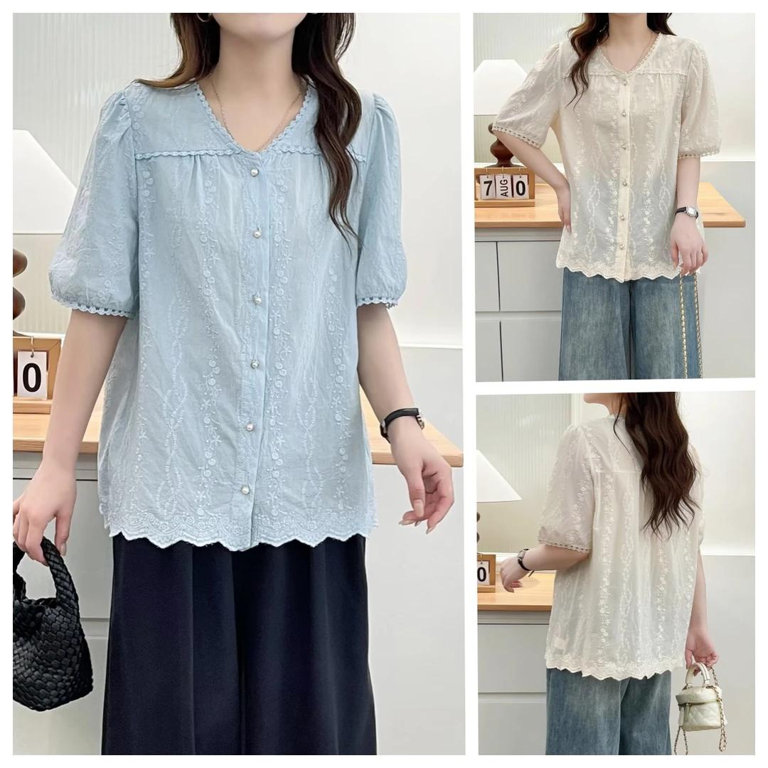 夏季新款胖mm大码刺绣花边V领衬衫宽松显瘦遮肉休闲时尚短袖上衣