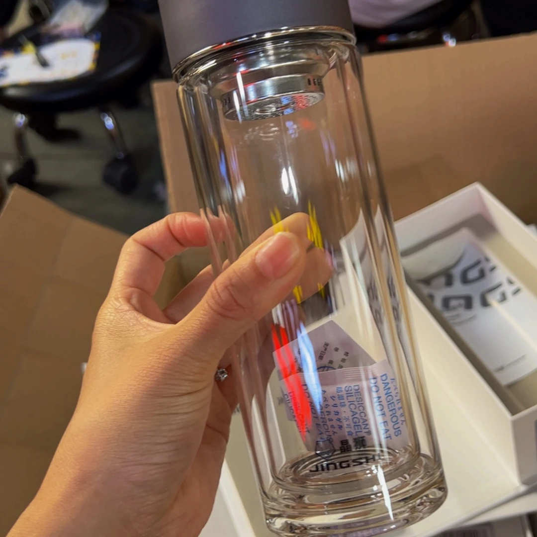 晶石双层玻璃杯380玻璃杯提环灰色保温杯