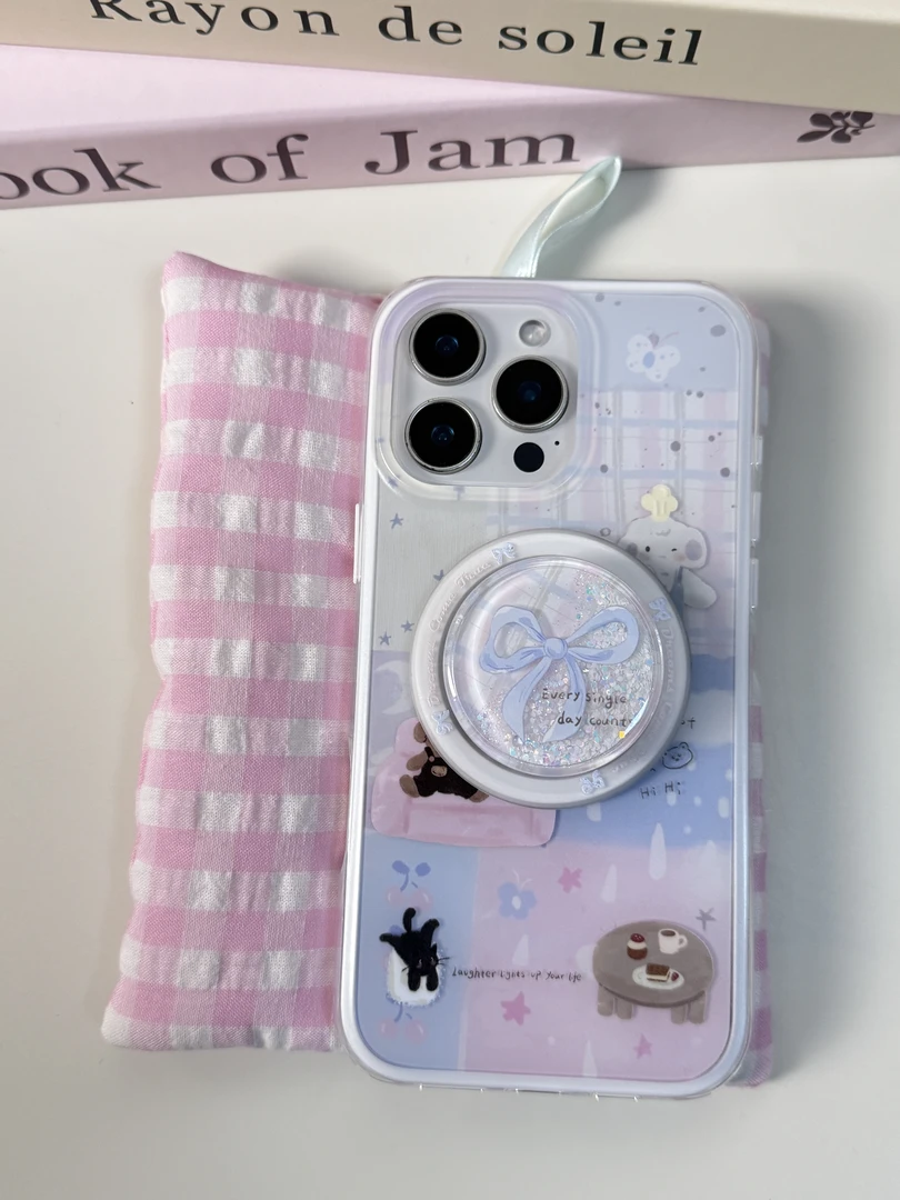 二合一双层磨砂拼接格子动物温柔流沙支架蓝防摔适用多型号手机壳