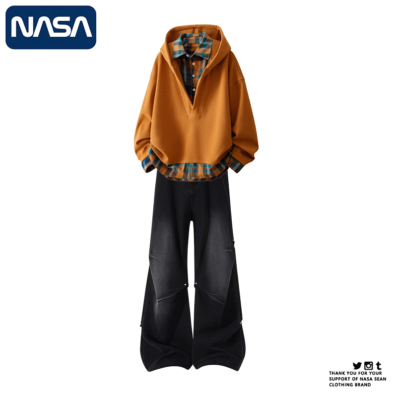 NASA日系学院风假两件格子拼接连帽卫衣套装男女秋冬情侣牛仔裤