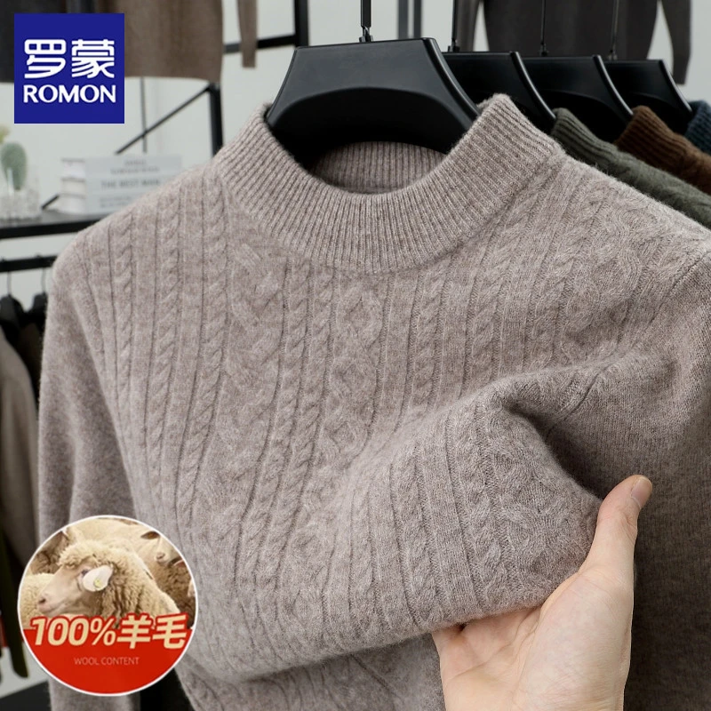 罗蒙100纯羊毛加厚男士毛衣2024新款冬季圆领保暖提花针织羊毛衫