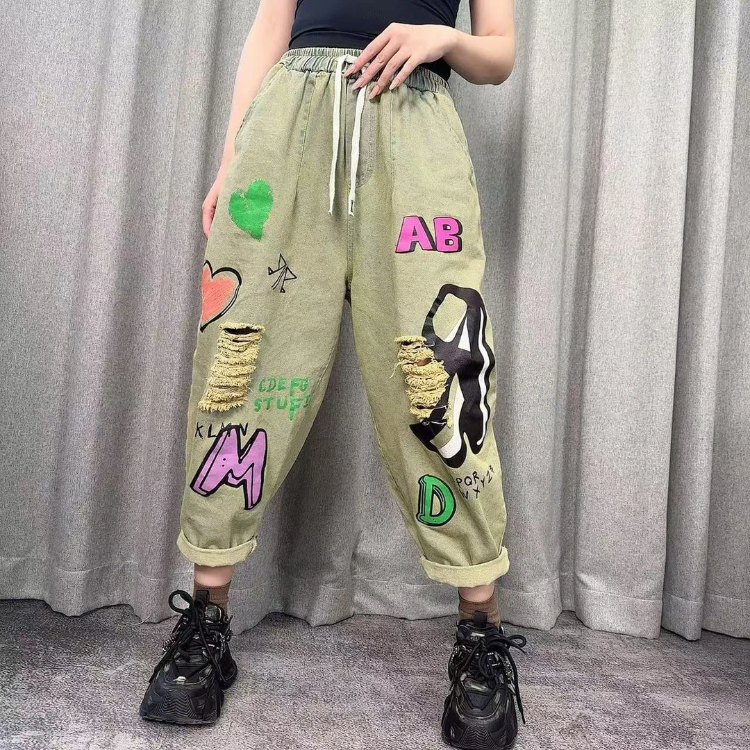 5285春季新款欧货时尚潮流复古洗水炒色印花字母破洞哈伦牛仔裤