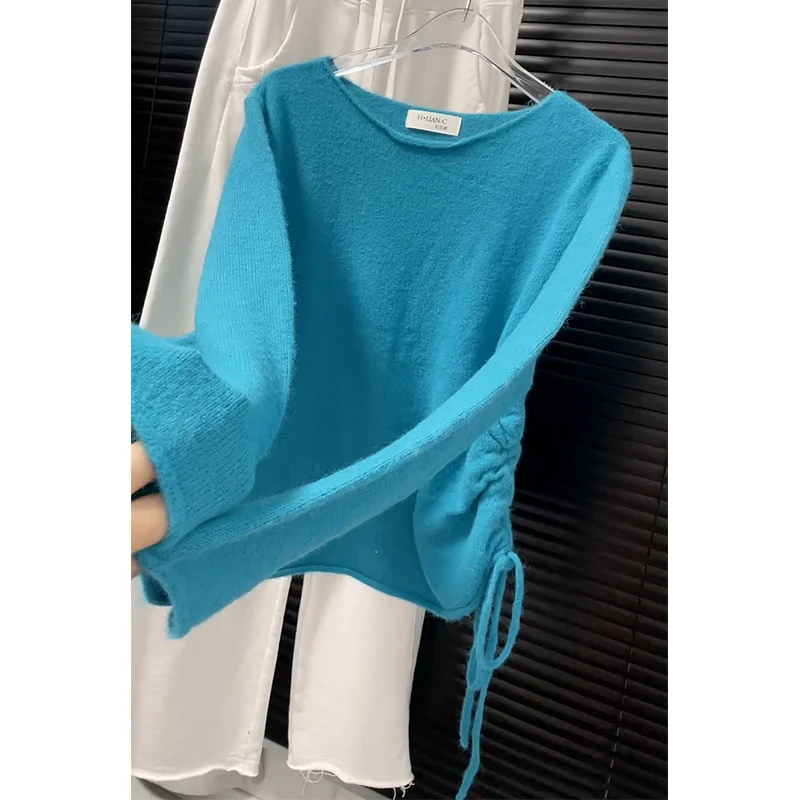 大码圆领抽绳打底针织衫女秋季新款微胖妹妹宽松百搭时尚洋气上衣