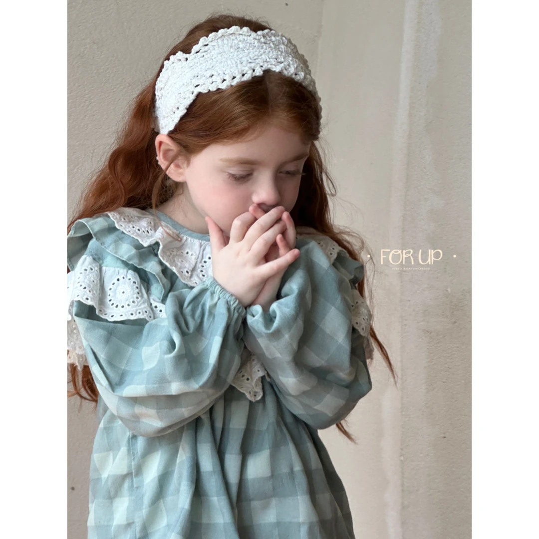 【现货】243-FU-79011秋波蓝 [FORUP]法式海瑟薇格纹花边娃娃衫