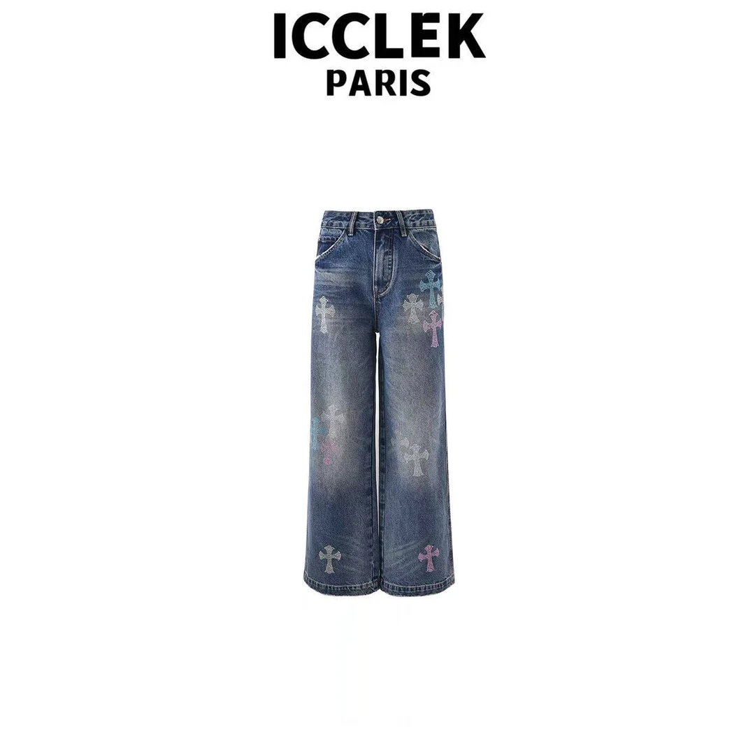 ICCLEK 蓝色高腰烫钻百搭牛仔裤气质百搭宽松阔腿裤时尚裤子-9014