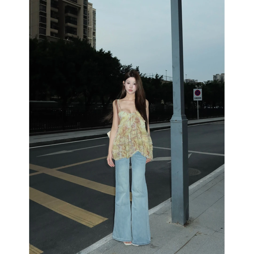 1LIYUNER 美式低腰辣妹喇叭牛仔裤女春夏季修身显瘦百搭拖地裤