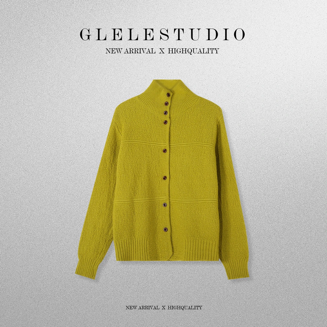 Glele私服「反光板毛衣」肌理感立领单排扣针织开衫女