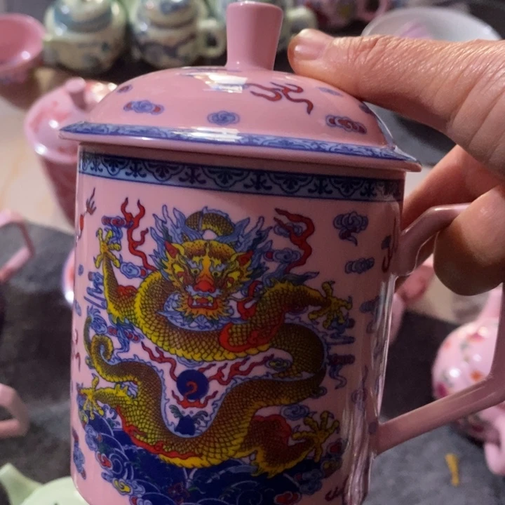壶陶瓷红稀土斗彩龙凤直筒办公杯