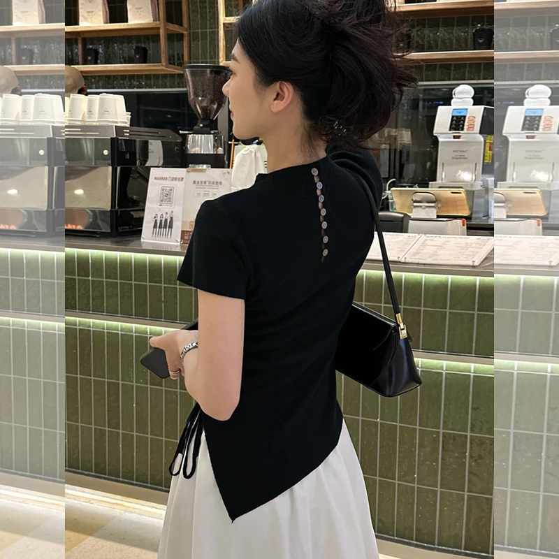2025夏季新款女士不规则设计黑色短袖t恤抽绳收腰内搭镂空短上衣