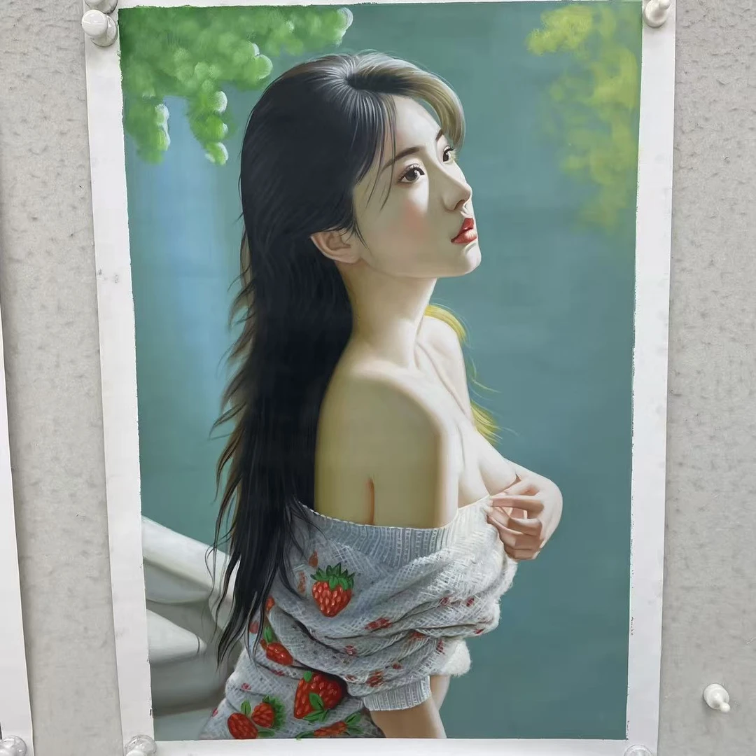 林彦新***毛衣女孩-草莓-约60*90厘米-手绘油画-麻布