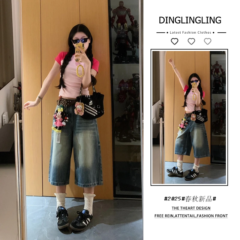 2025年春夏季新款韩穿搭套装女撞色短袖T恤高街七分牛仔裤两件套