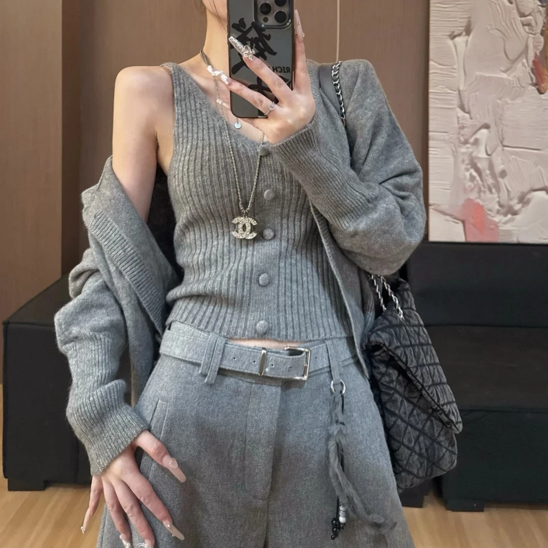 2026秋冬新款真两件套针织衫背心加针织衫显瘦时尚开衫外套F8-50