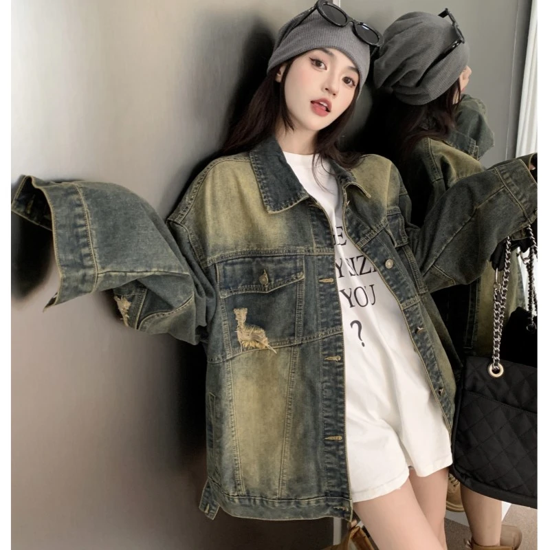 复古做旧牛仔外套女宽松百搭炸街设计感破洞上衣8606牛仔外套女款