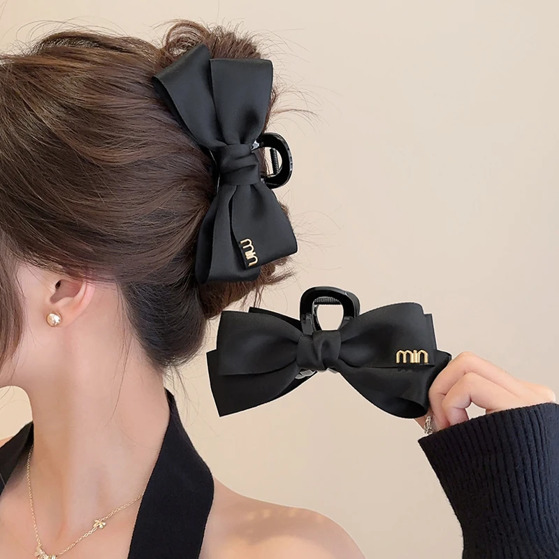 赫本风黑色蝴蝶结发夹女后脑勺路易斯抓夹大号发量大鲨鱼夹高级感
