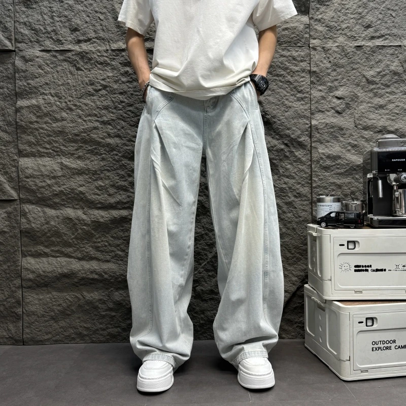 拼接褶皱宽松弯刀纯色蓝色牛仔裤垂感拖地男士宽松拼接弯刀牛仔裤