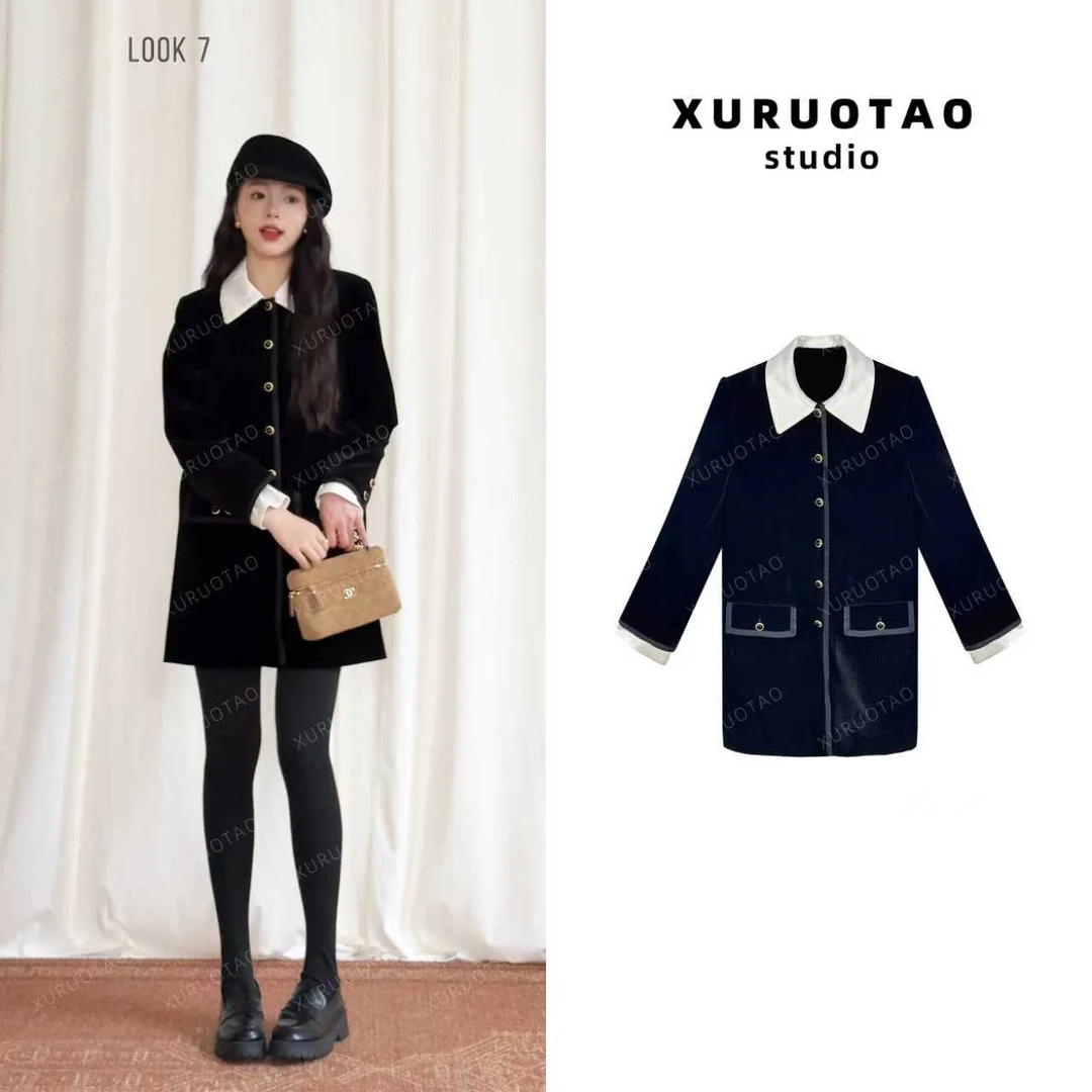 XURUOTAO 【财阀千金】黑色翻领丝绒小香风西装外套 T6386