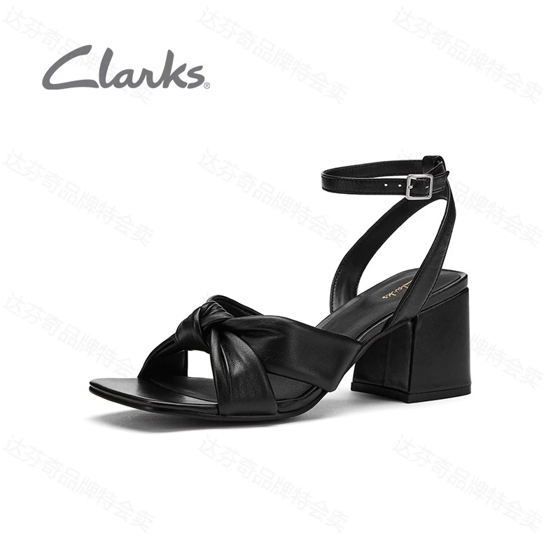 【达芬奇】clarks 牛皮革简约交叉带粗跟凉鞋 女款 黑色-26166749